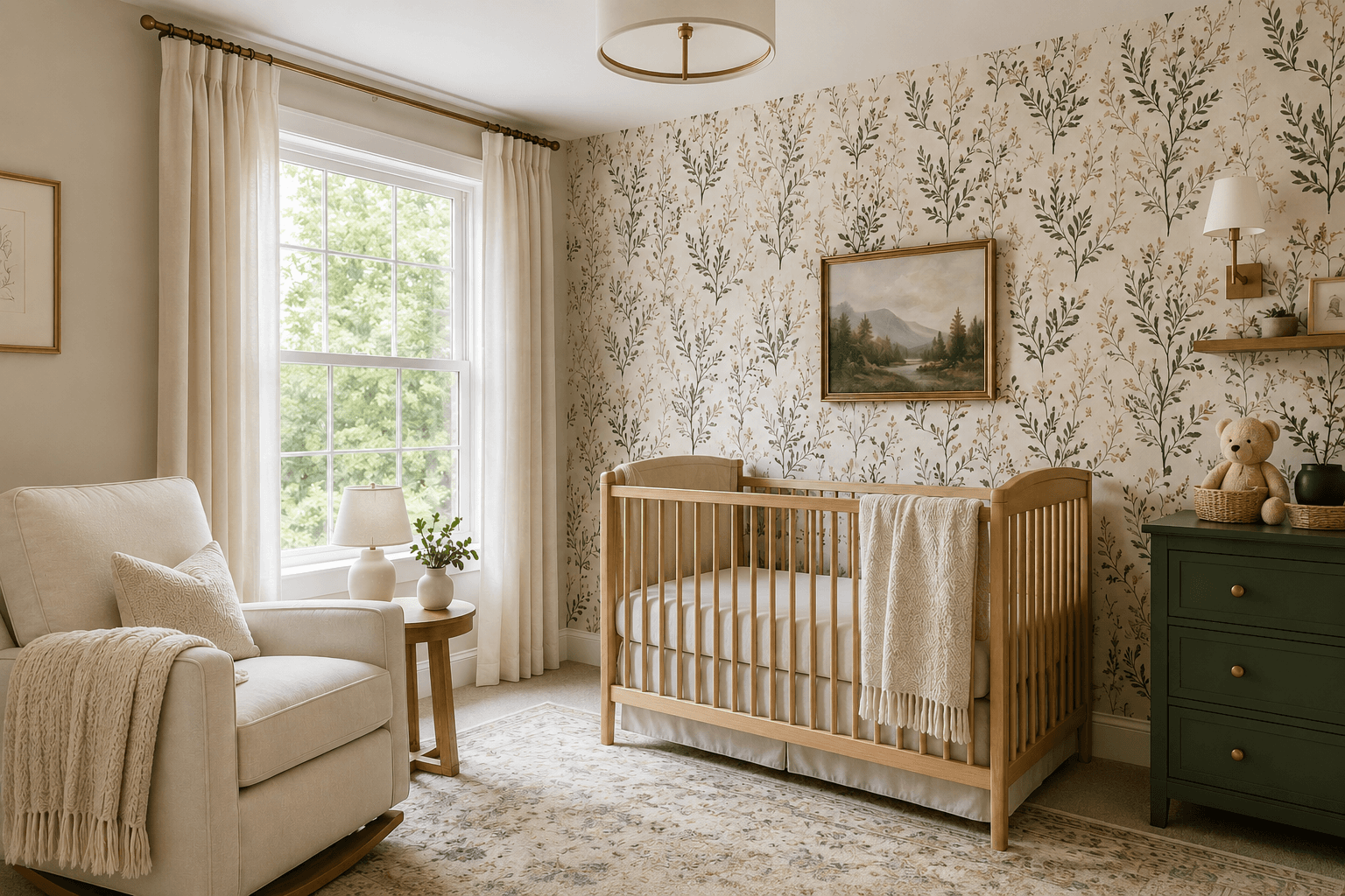 Premium nursery with botanical wallpaper and warm neutral furnishings